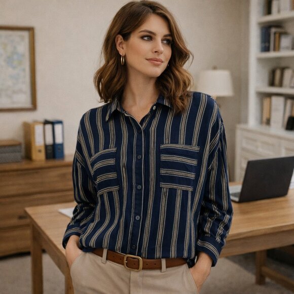 bp Tops - BP Nordstrom Button Front Blouse S Navy Mustard Striped Long Sleeve Patch Pocket